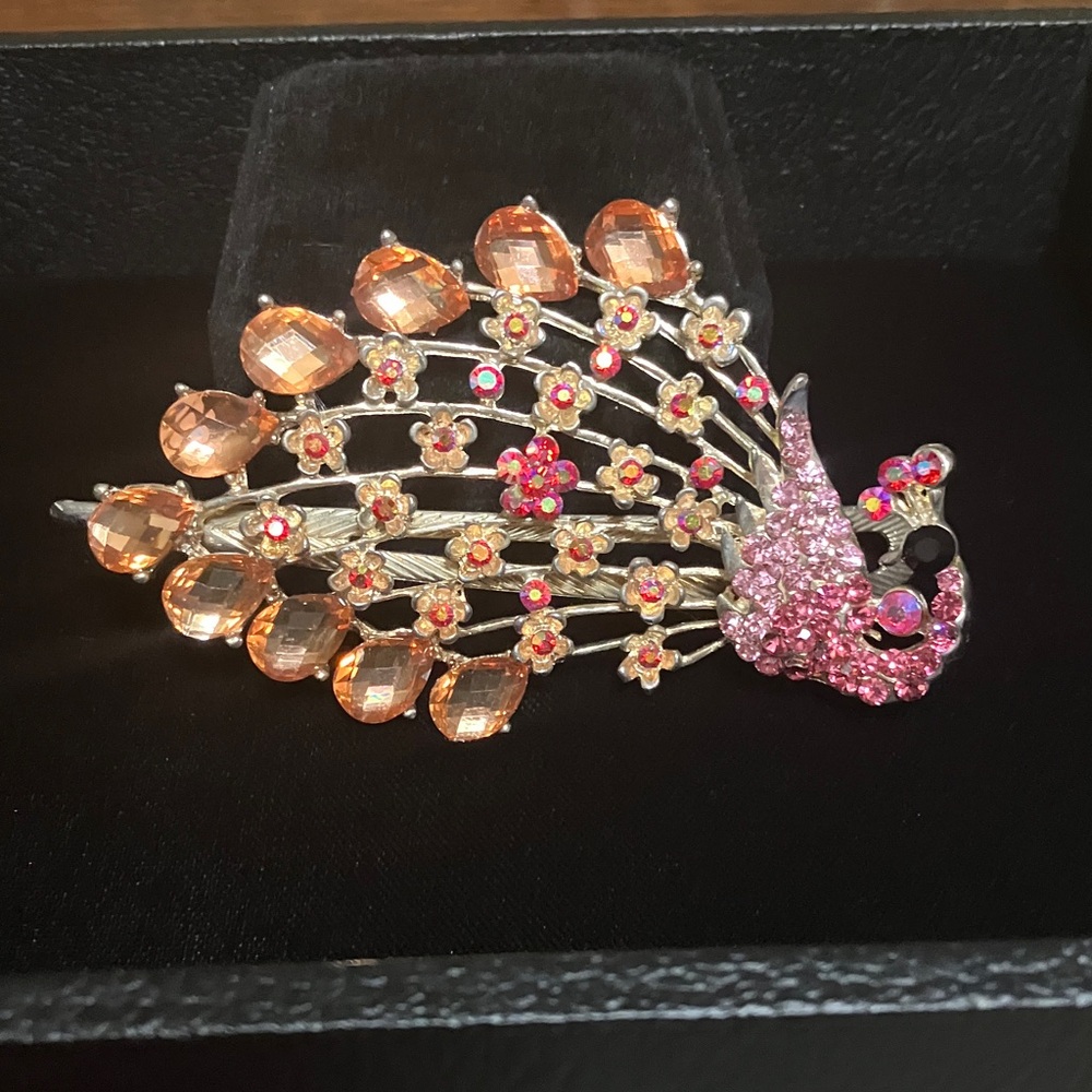 Vintage pink with red and Peach Crystal Peacock Hair Clip - Women Accessories